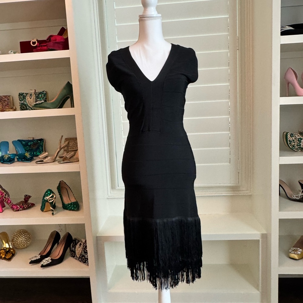 Classic Black Bandage Dress with Fringe Hem – Timeless & Chic